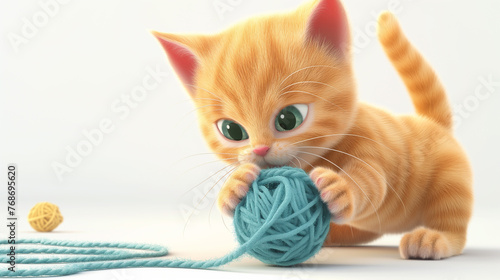 A cute orange kitten is playing with a blue ball of yarn © ninenat
