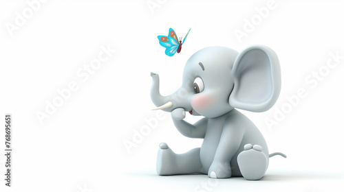 A cartoon elephant is sitting on a white background with a butterfly on its head