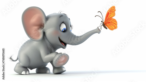 A cartoon elephant is reaching for a butterfly
