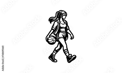girl walking with basket ball in hand mascot logo character,girl walking black and white logo icon © Irfan