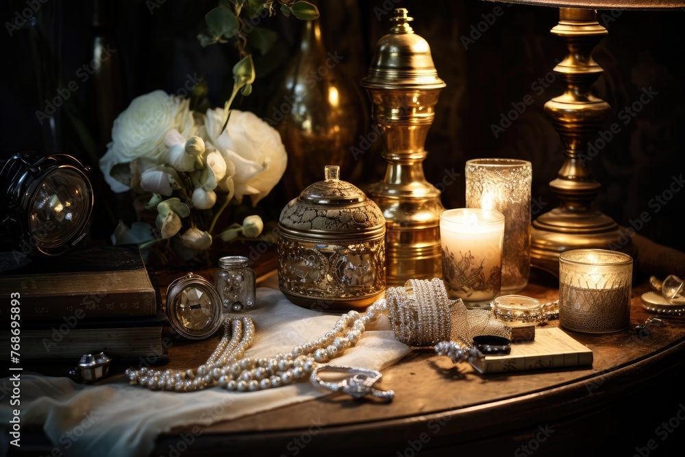 Vintage Elegance: Rings on an antique table with vintage lamps creating a timeless feel.