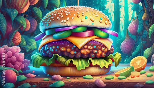  oil paint style burger in the garden