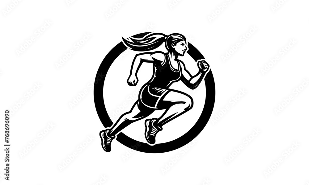 Woman running mascot character  logo icon,Woman  running black and white logo icon 2