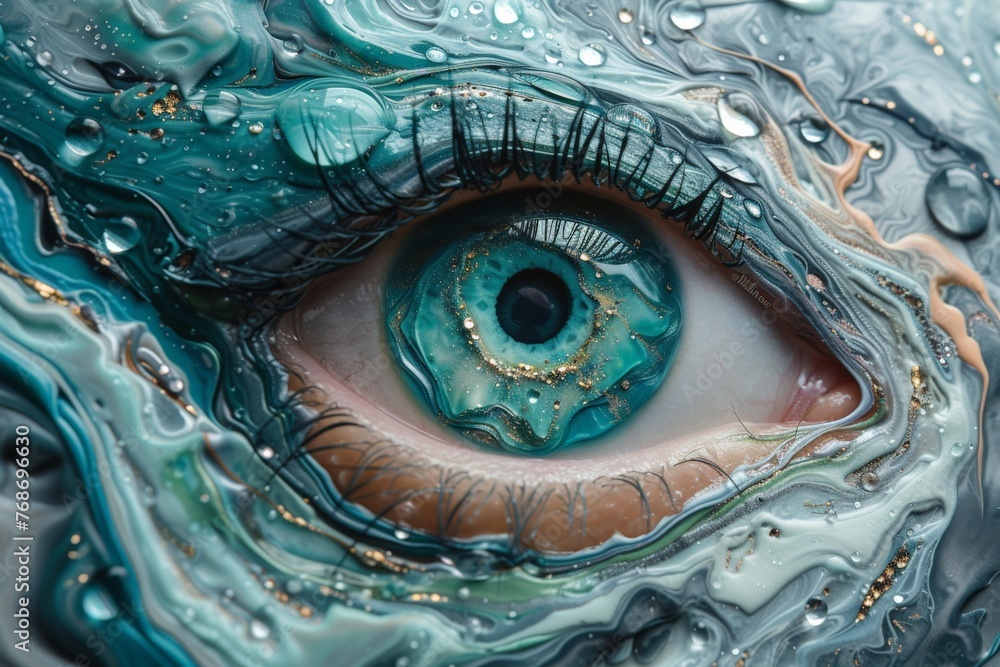 Extreme closeup of human eye with water droplets on surface creating mesmerizing reflection