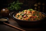 Refined fried rice in a clay dish against a rustic textured paper background