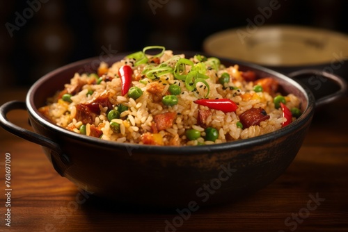 Refined fried rice in a clay dish against a rustic textured paper background