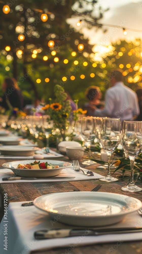 a wedding table setting adorned with plates and cutlery against the backdrop of an outdoor garden scene, with soft-focus guests enjoying the evening under lanterns and string lights.