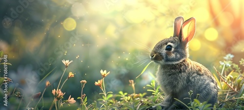 Curious Rabbit Hopping Towards a Hidden Burrow in a Lush Spring Meadow photo