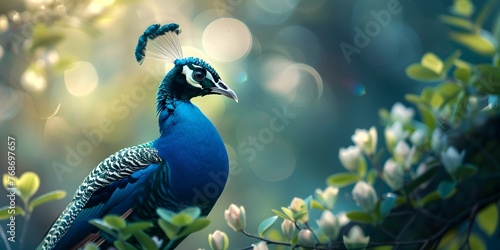 Majestic Peacock Displaying its Magnificent Plumage Amidst Lush Foliage with Ethereal Bokeh Background photo
