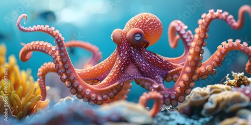 Vibrant Octopus Exploring Lively Coral Reef in Captivating Underwater Seascape