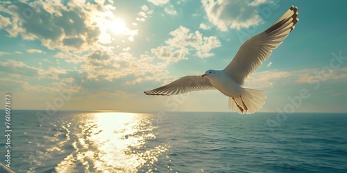Graceful Seagull Soaring Over Peaceful Oceanic Horizon at Magical Sunset or Sunrise Freedom s Flight © Thares2020