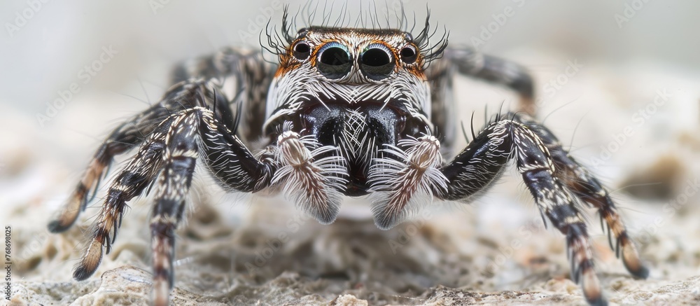 In this close-up shot, a jumping spider is seen perched on a rock. The ...