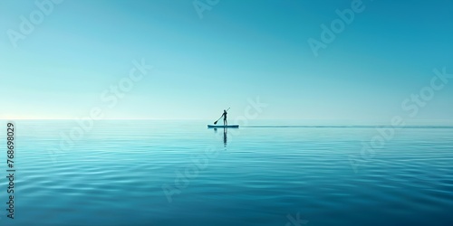 Solitary Paddleboarding on a Tranquil Sea with Copy Space