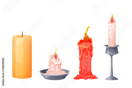 Set wax, paraffin or soy candles in holders red, yellow candlestick with fire, flame light holiday magic decoration isolated on white background. 