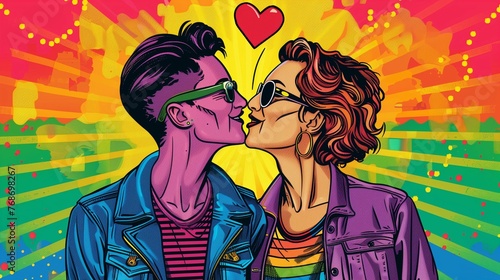 Playful Couple Kissing with Pop Art Heart and Rainbow Background