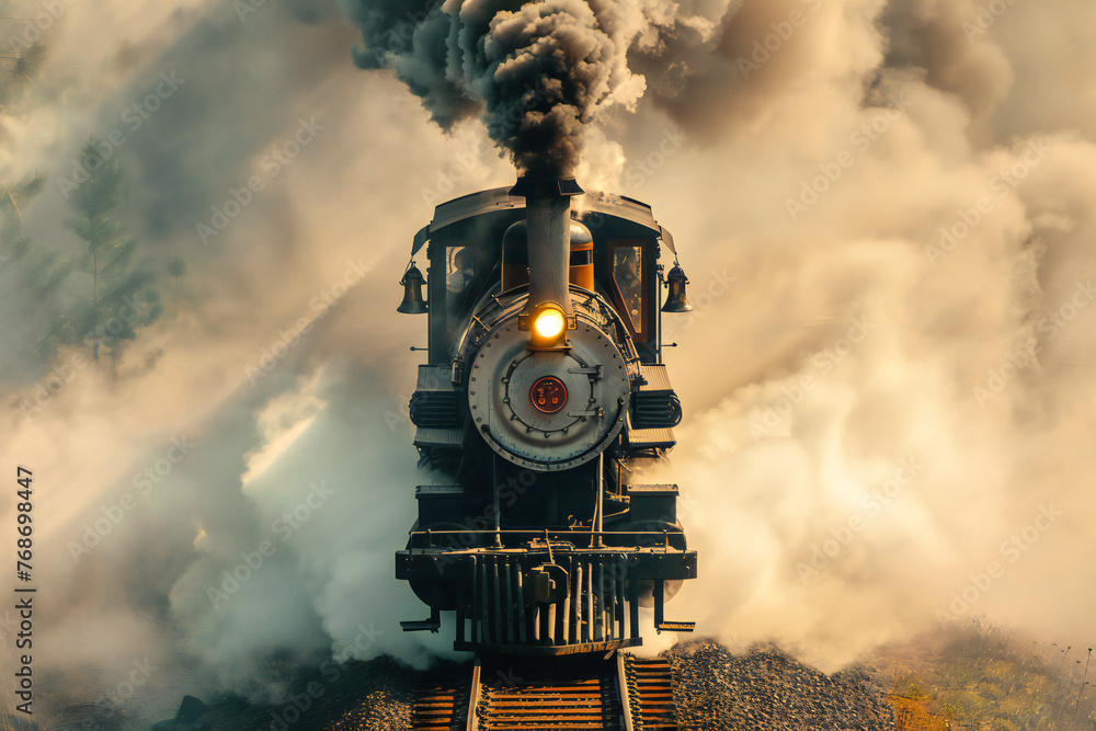 An antique steam-powered railroad train rushes down the tracks in smoke aerial - obrazy, fototapety, plakaty 