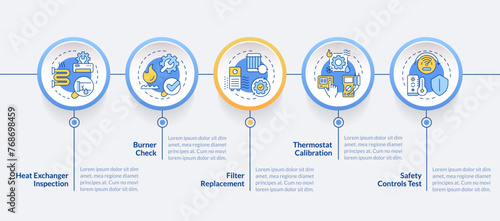 Heating inspection blue circle infographic template. HVAC. Data visualization with 5 steps. Editable timeline info chart. Workflow layout with line icons. Lato-Bold, Regular fonts used