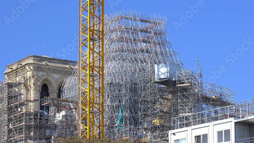 Scaffoldings of Notre-Dame de Paris during renovation in Paris, France photo