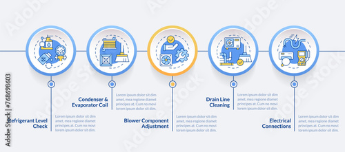 Air conditioning inspection blue circle infographic template. Data visualization with 5 steps. Editable timeline info chart. Workflow layout with line icons. Lato-Bold, Regular fonts used
