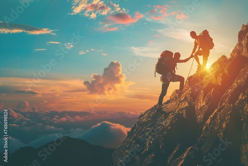 Help and assistance concept. Silhouettes of two people climbing on mountain and helping each other get to the top