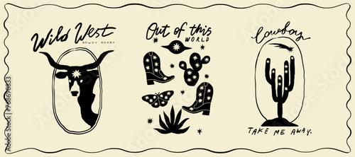 Set of cowboys design print elements. Cow skull head, cactus an other