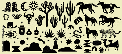 Collection western design elements, hand draw, black color