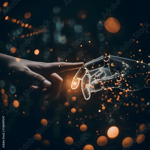 Human and Robot Connection: A Detailed View of a Human Hand Reaching Out to Touch the Illuminated 
