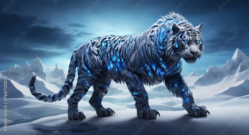 Spectral tiger on snow landscape - obrazy, fototapety, plakaty 