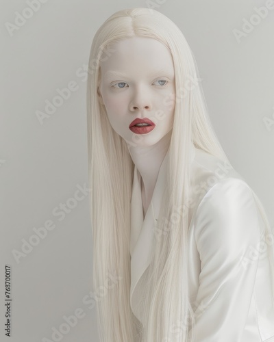 Minimalist albino woman portrait. Minimalist portrait of a forward-facing albino woman in a white blazer with a poised look