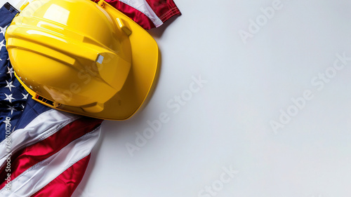  Yellow protective Construction helmet with American flag on empty background Space for text, top view . Labor Day