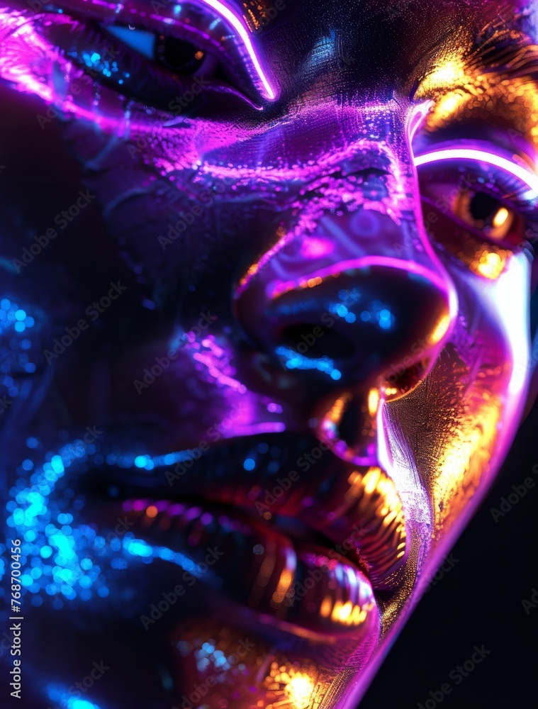 A magnified view capturing the glowing details of a cybernetic face with vivid neon colors emphasizing futuristic digital beauty