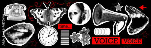 Vintage collage. Halftone hands, mouth, clock. Screaming into a megaphone. Ear with shell. Concept of deadlines and time management. Modern vector illustration.