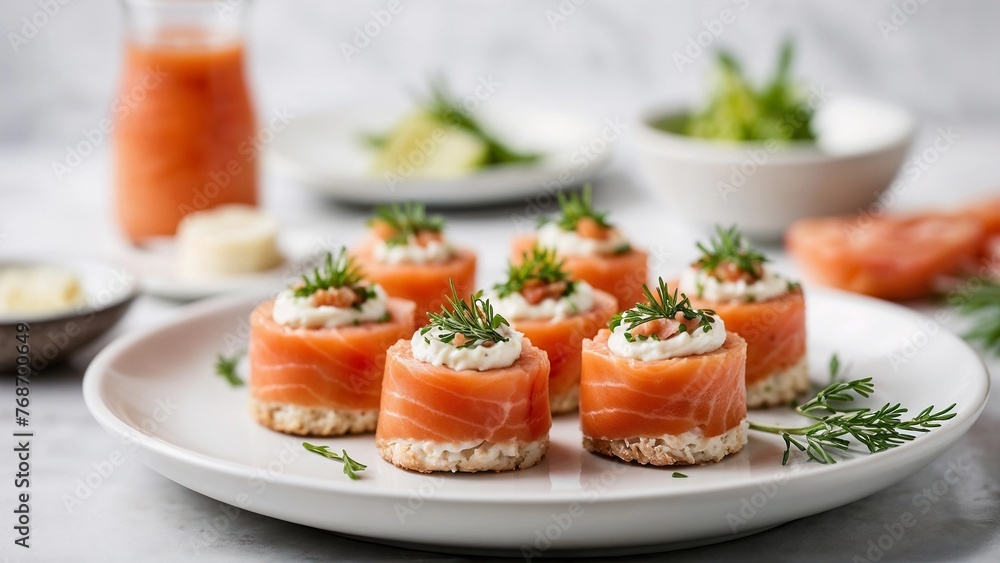 Smoked Salmon Rolls with Cream Cheese on White Plate against Background Smoked Salmon Rolls with Cream Cheese on White Plate against Background