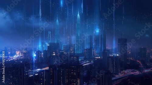 a city skyline illuminated by blue light effects against a black background  with digital data connections weaving through the urban landscape  embodying a futuristic technology concept.