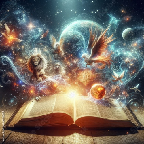 An enchanting open book radiates a mystical scene with celestial bodies, a majestic lion, and a phoenix taking flight, symbolizing the power of imagination and storytelling. AI generation