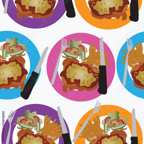 Vector hand drawn homage to the Australian pub meal classic, the chicken parmigiana or “parmy” with cutlery on white background, perfect for a foodie.