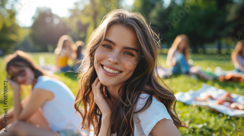 woman at tha park having fun with friends having a picnic summer photo