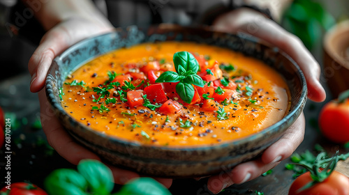 a plate of traditional Spanish gazpacho soup in hands photo