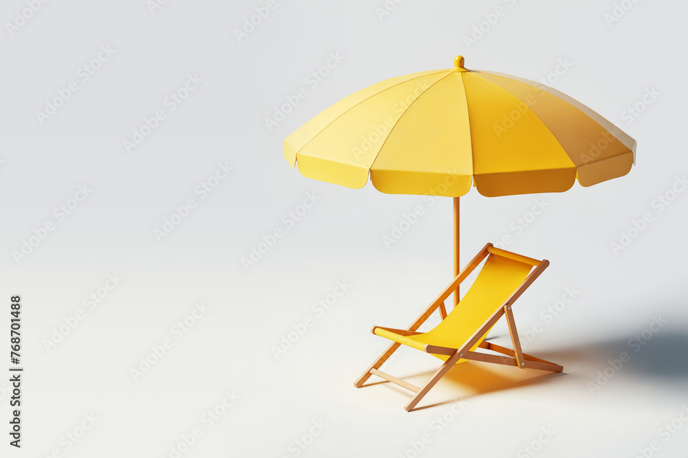 Yellow sun lounger with sun umbrella, minimal 3d style, white background. Summer travel and holidays