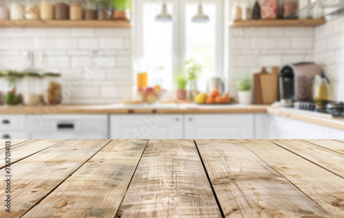Empty wooden table with blurred kitchen interior background. Table top product display showcase stage. Image ready for montage your text or product. 