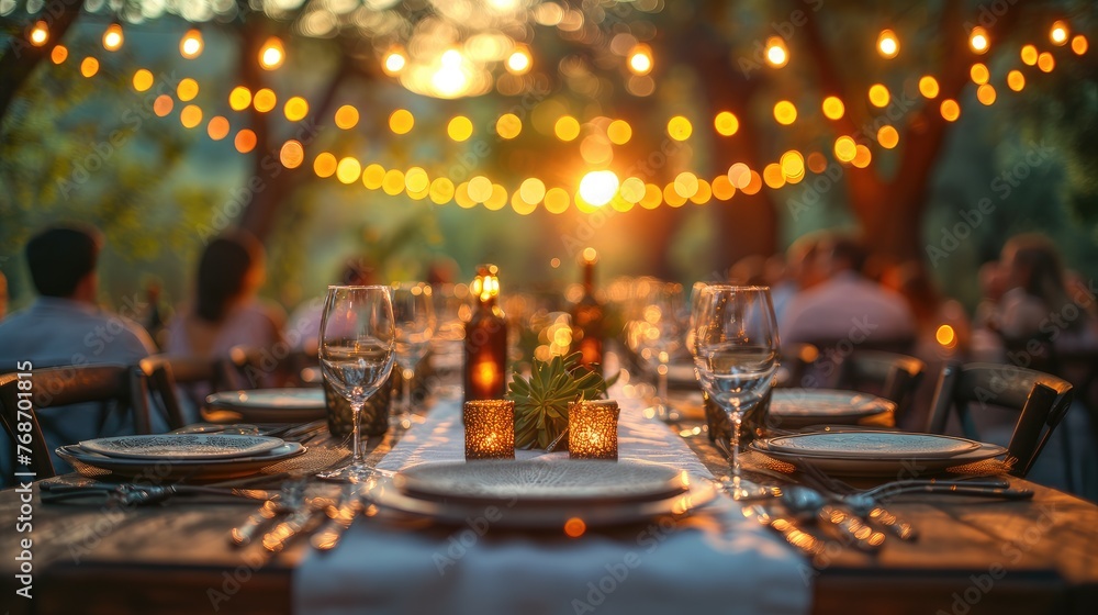 a wedding table setting adorned with plates and cutlery against the backdrop of an outdoor garden scene, with soft-focus guests enjoying the evening under lanterns and string lights. a wedding table setting adorned with plates and cutlery against the backdrop of an outdoor garden scene, with soft-focus guests enjoying the evening under lanterns and string lights.