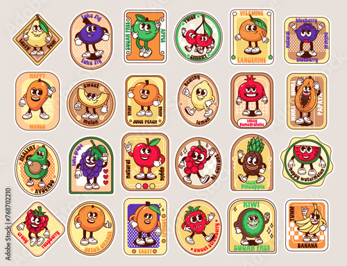 Groovy cartoon labels with fruit characters set. Funny retro posters of comic bright fruit mascots with happy smiles, trendy cartoon elements collage and stickers in 70s 80s style vector illustration