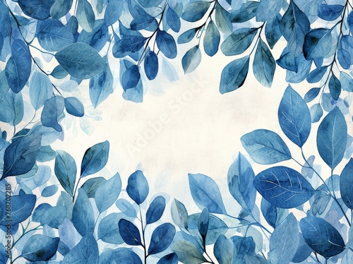 Watercolor painting of delicate blue leaves on a crisp white background with a central blank space