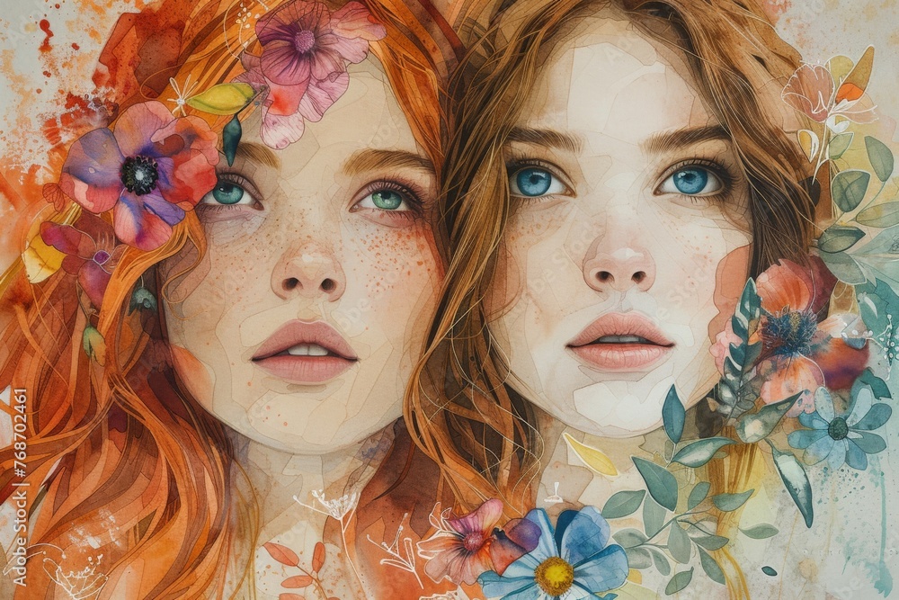 Obraz premium Two women with red hair and flowers in their hair, one has blue eyes and the other has green eyes under the sunlight