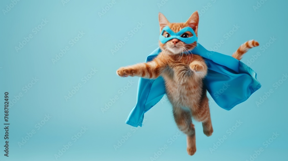 Superhero cat, cute ginger tabby kitty with a blue cloak and mask jumping and flying on light blue background with copy space. The concept of super cat, leader, funny animal studio shot
