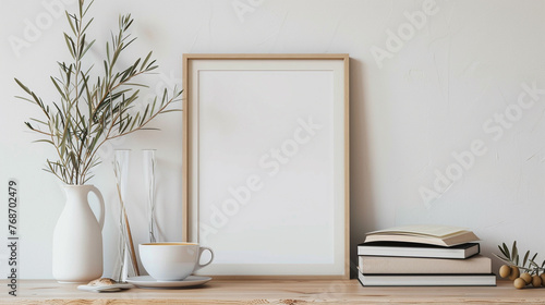 Breakfast still life Cup of coffee books and empty picture frame mockup on wooden desk © Farid