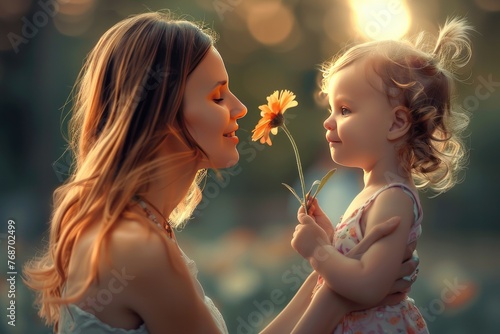 Mother's Day Image of Mother and Daughter in a Field of Flowers