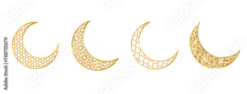 Golden crescent symbols isolated. Descending moon shape. Traditional islamic decoration for Ramadan or Al-Adha. Arabiс geometric pattern, shiny glowing glitter. Vector