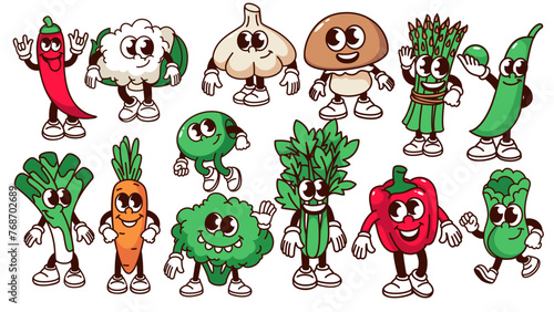 Groovy cartoon vegetable characters set. Funny retro healthy different vegetable mascots collection, cartoon stickers of happy green celery leek carrot broccoli chili 70s 80s style vector illustration