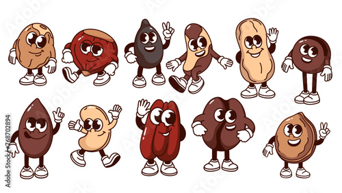 Groovy cartoon nut and bean characters set. Funny retro nuts for eating in healthy nutrition, protein snack mascots with happy expression, cartoon coffee sticker of 70s 80s style vector illustration
